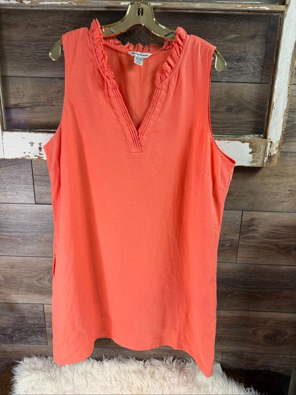 Tommy Bahama Women's Dress Size XL Coral Two Palms Double Ruffle Linen Shift - Picture 3 of 9